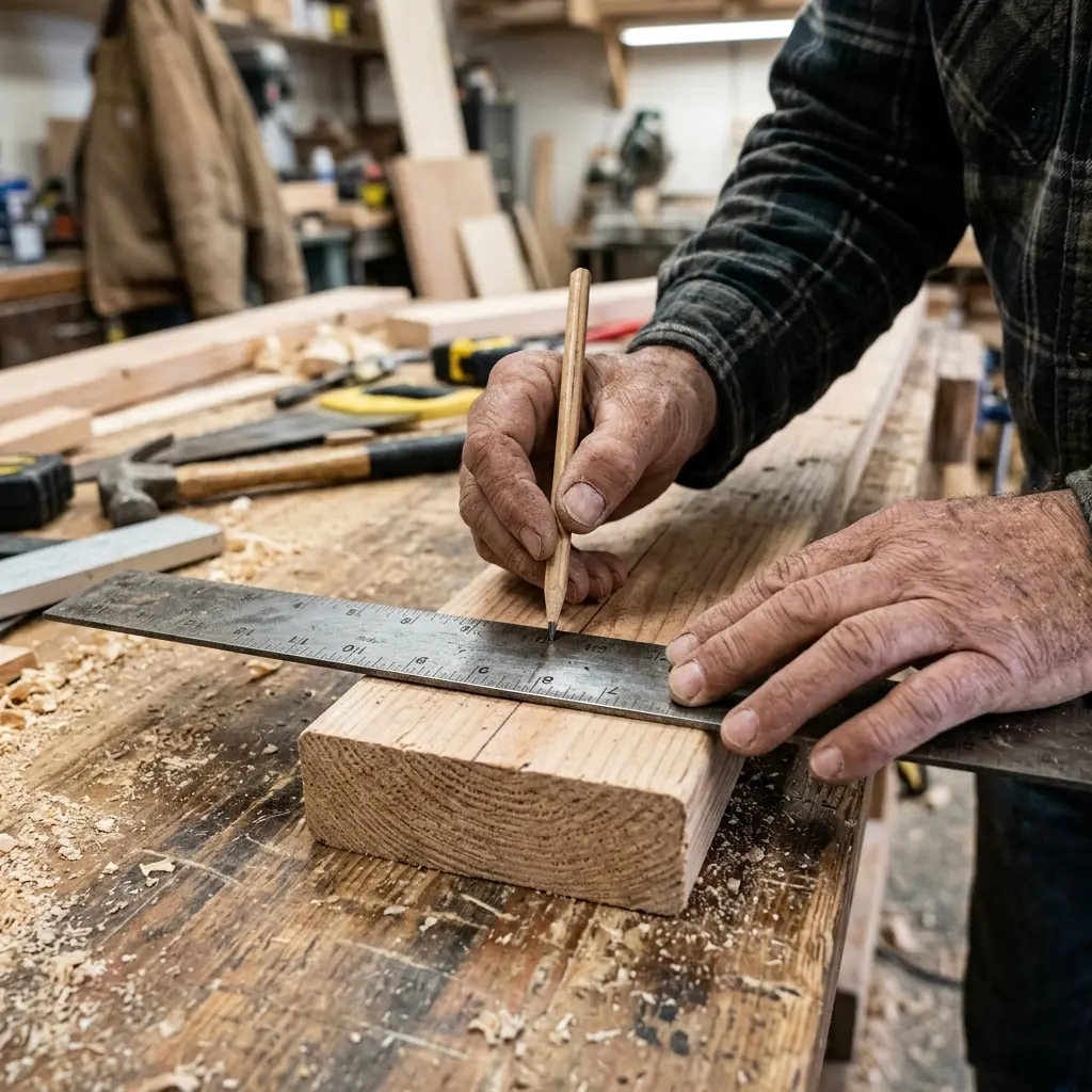 A builder marking a piece of lumber for a precise cut