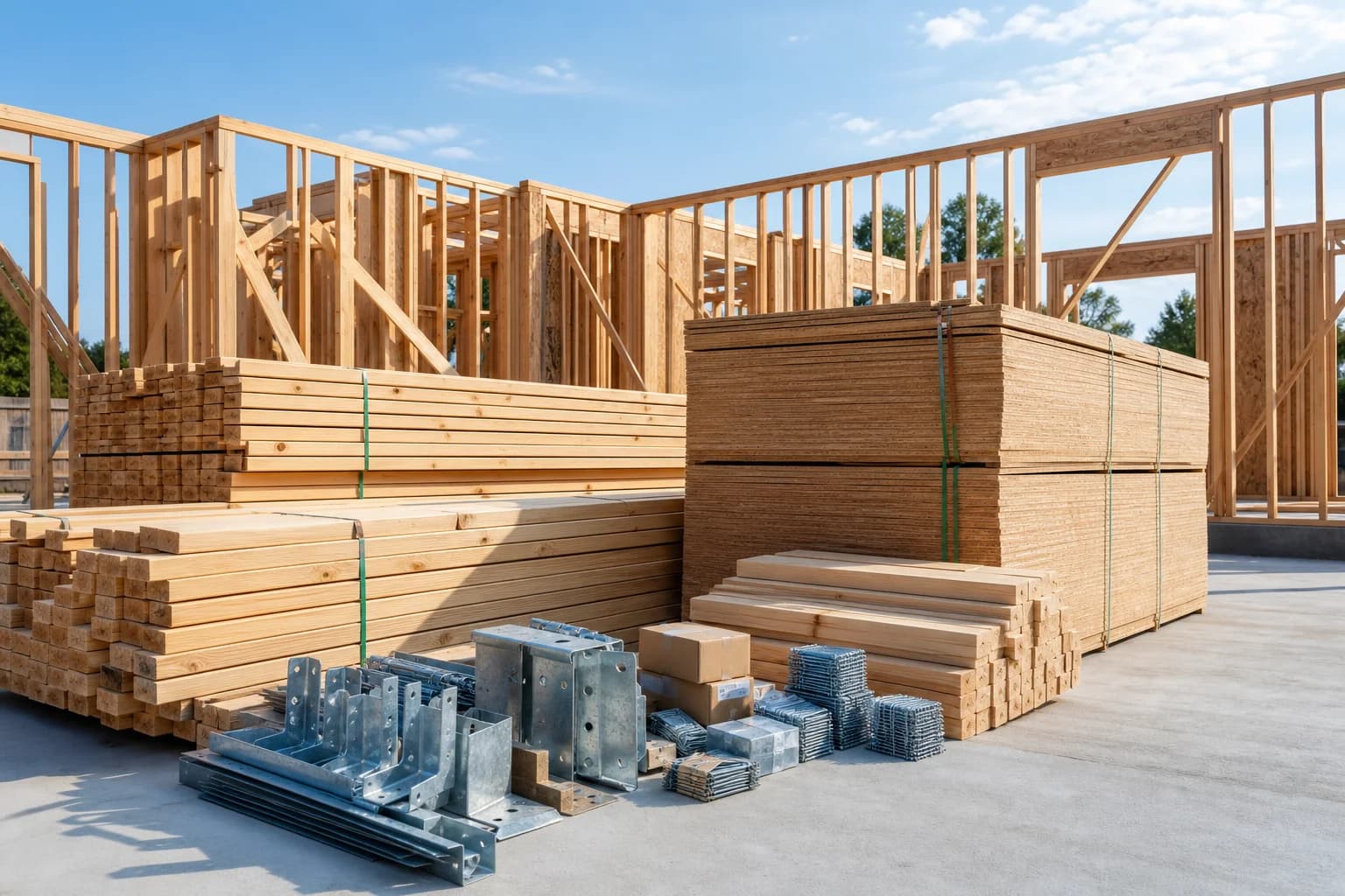 Stacks of dimensional lumber and plywood sheathing bundled at a residential framing job site