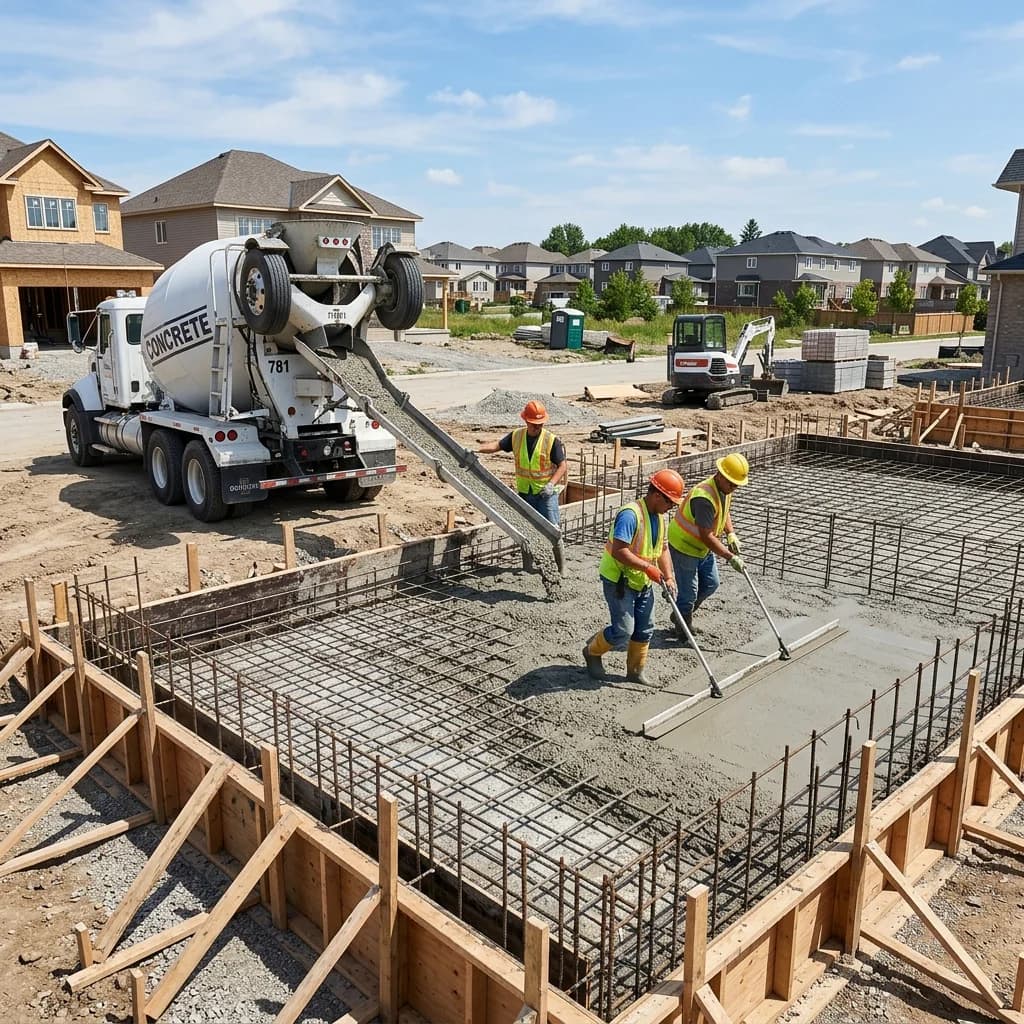 Workers pouring and leveling concrete into rebar-reinforced formwork for a residential foundation with a concrete truck in the background