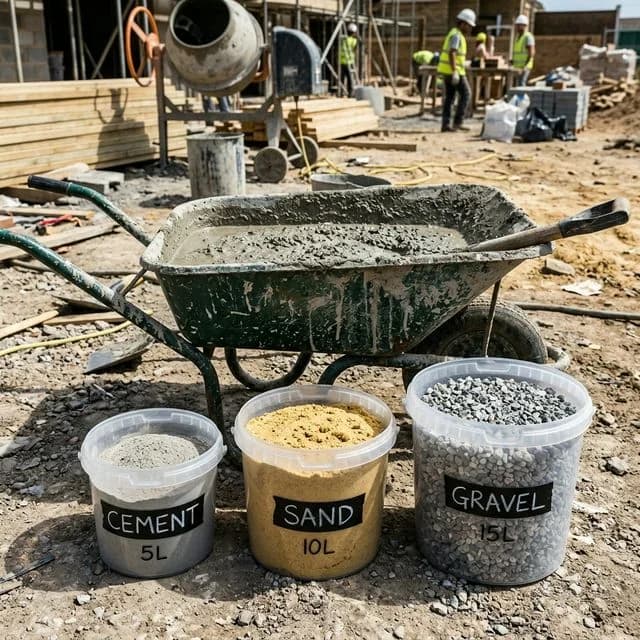 Wheelbarrow of mixed concrete next to measured buckets of cement, sand, and gravel