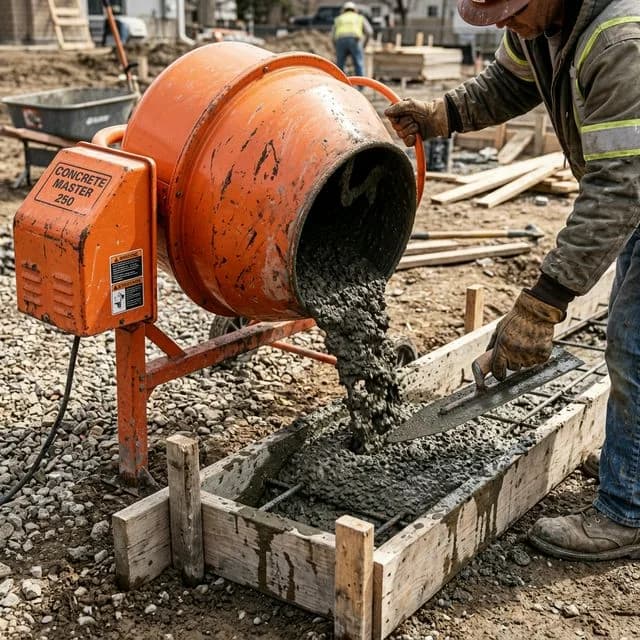 Worker pouring fresh concrete from a portable mixer into a wooden form