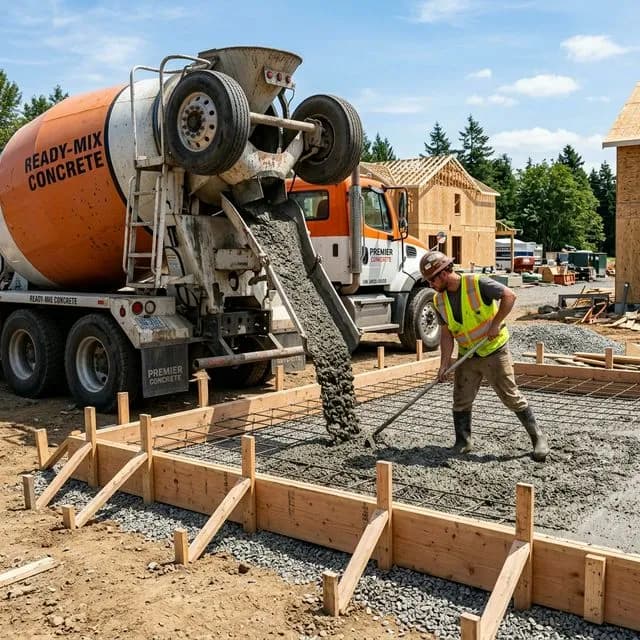 Construction crew pouring and leveling wet concrete slab on gravel base inside wooden forms