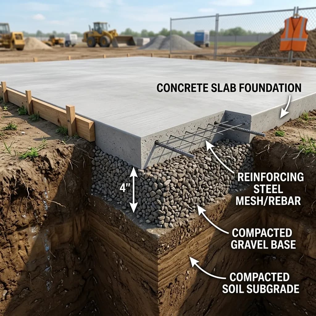 Cross-section diagram showing a concrete slab over a compacted gravel base and soil subgrade