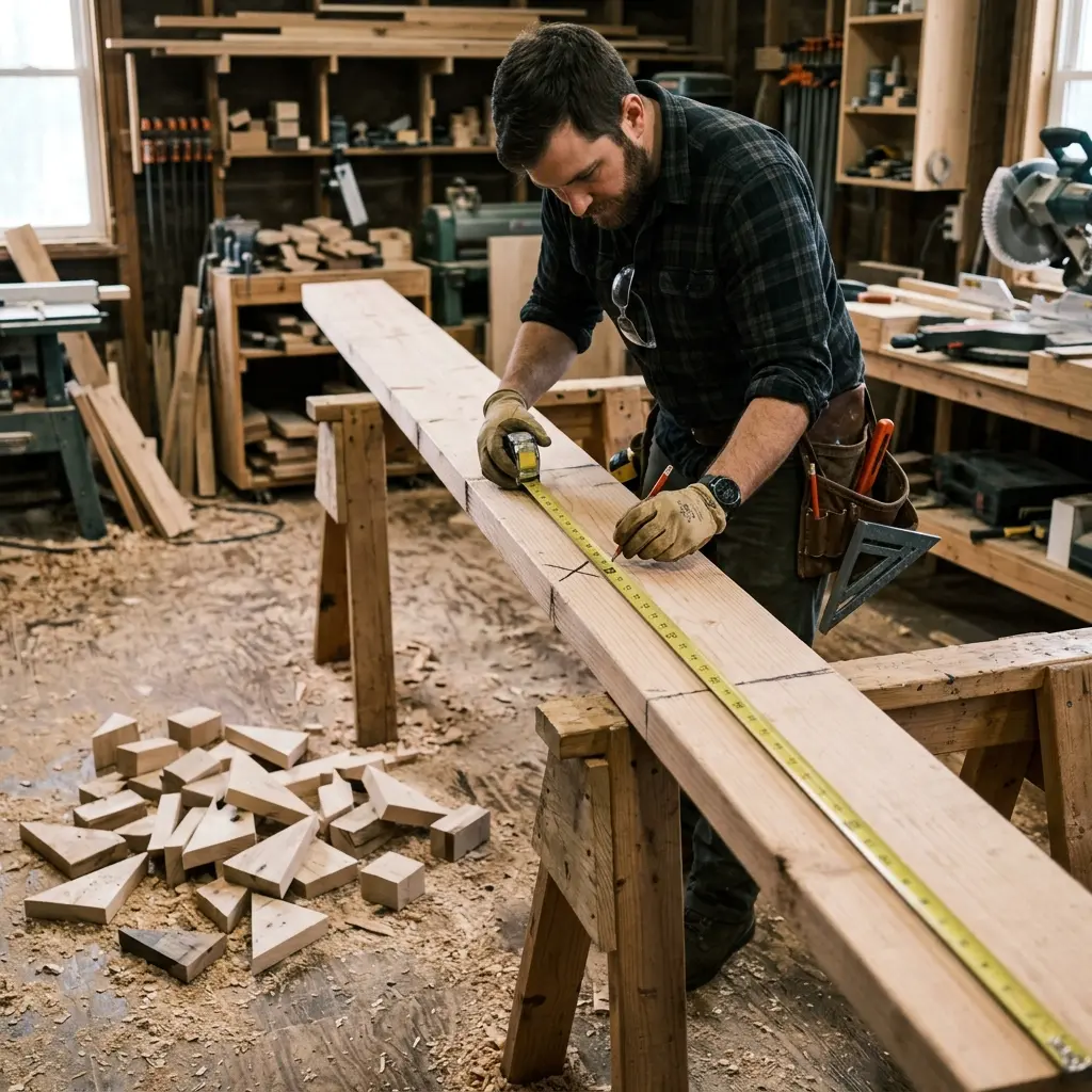 Carpenter marking cuts on lumber, leaving numerous small offcut scraps on the ground
