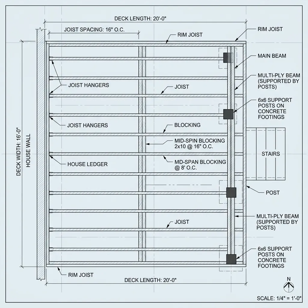 Architectural diagram showing a deck frame with joists in a parallel layout