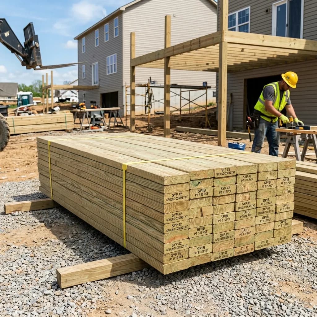 Stack of pressure-treated lumber beams for deck construction