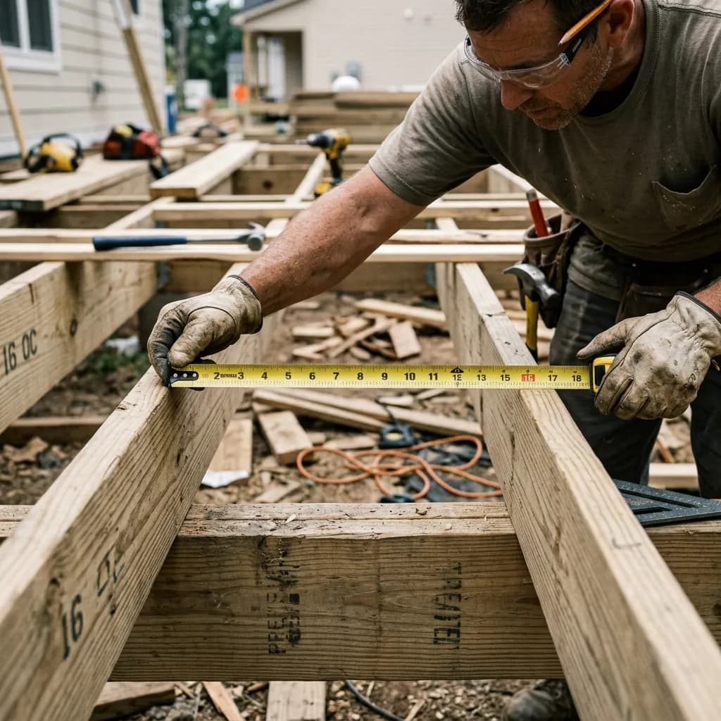 Carpenter using a tape measure to check the 16-inch distance between two deck joists
