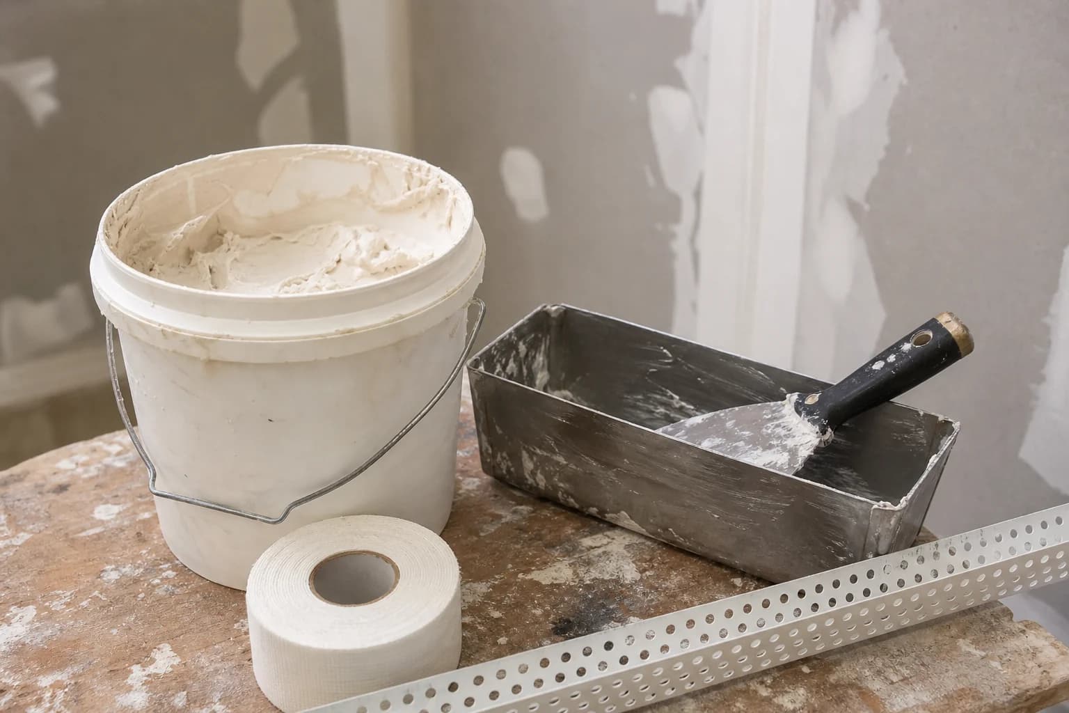 Joint compound bucket, mud pan, taping knife, and paper tape ready for drywall finishing