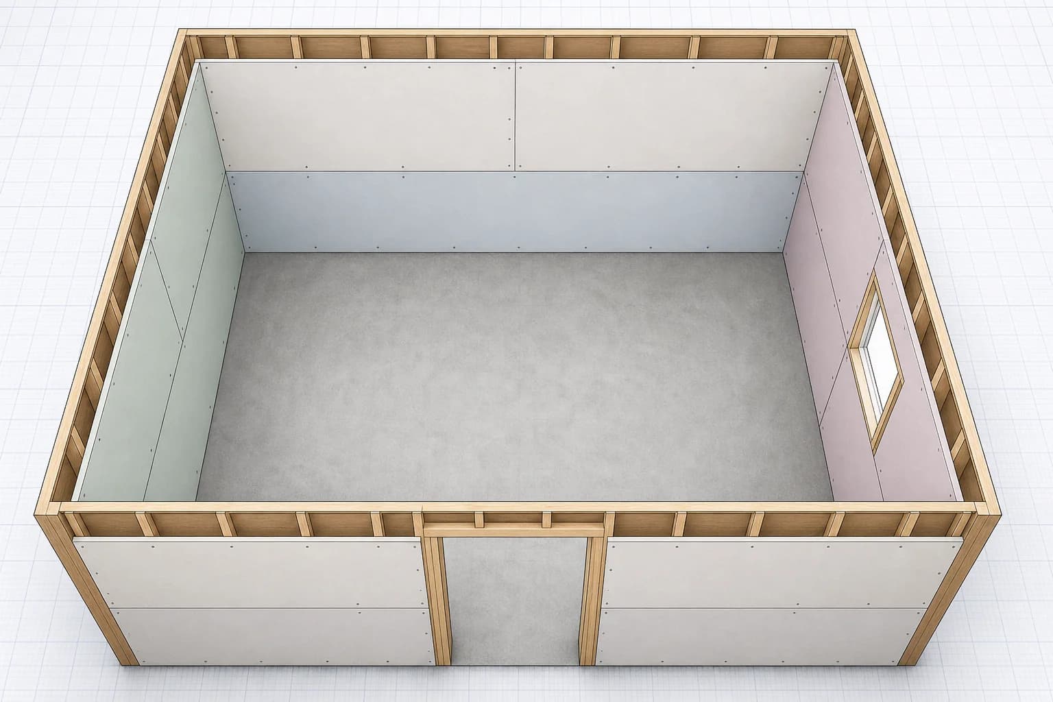 Diagram showing optimal horizontal drywall sheet layout on room walls to minimize seam count