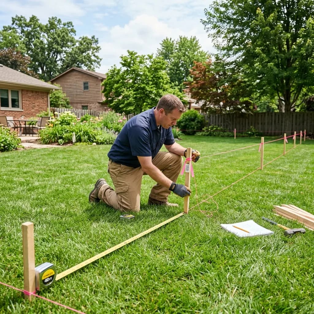 Person planning a fence layout in a backyard with stakes and string