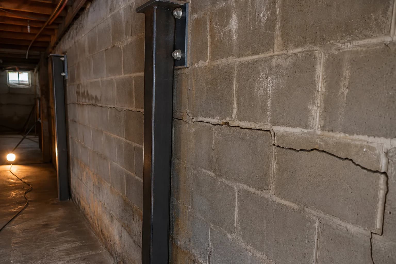 Steel I-beam wall anchor brace installed on a bowing basement foundation wall