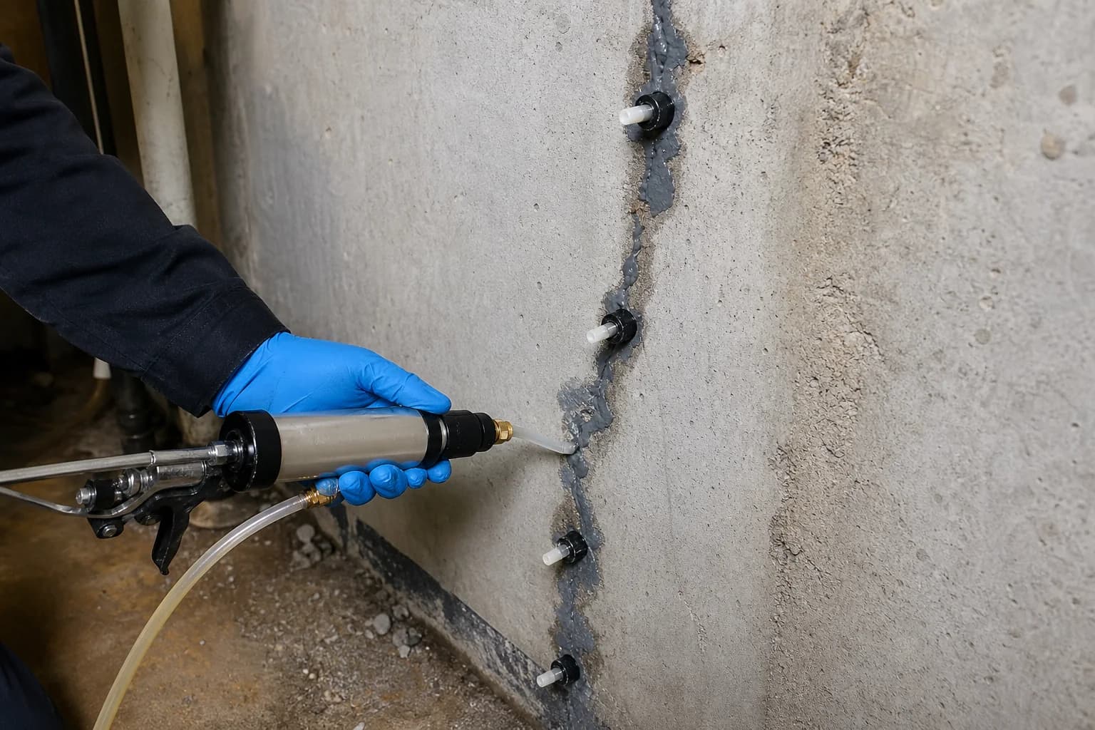Epoxy injection ports installed along a vertical foundation wall crack for structural repair