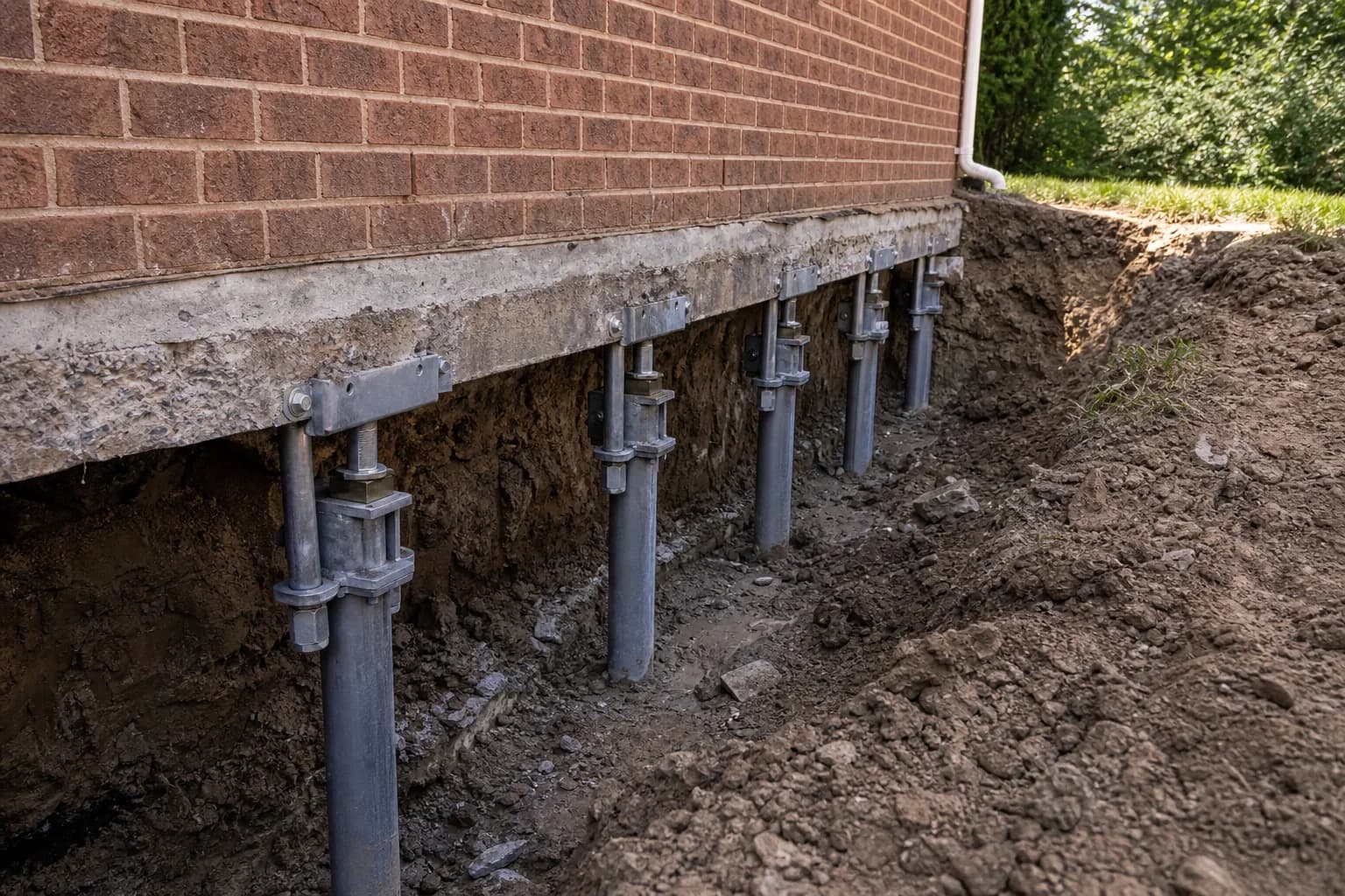 Hydraulic push pier foundation underpinning system installed along residential house footing