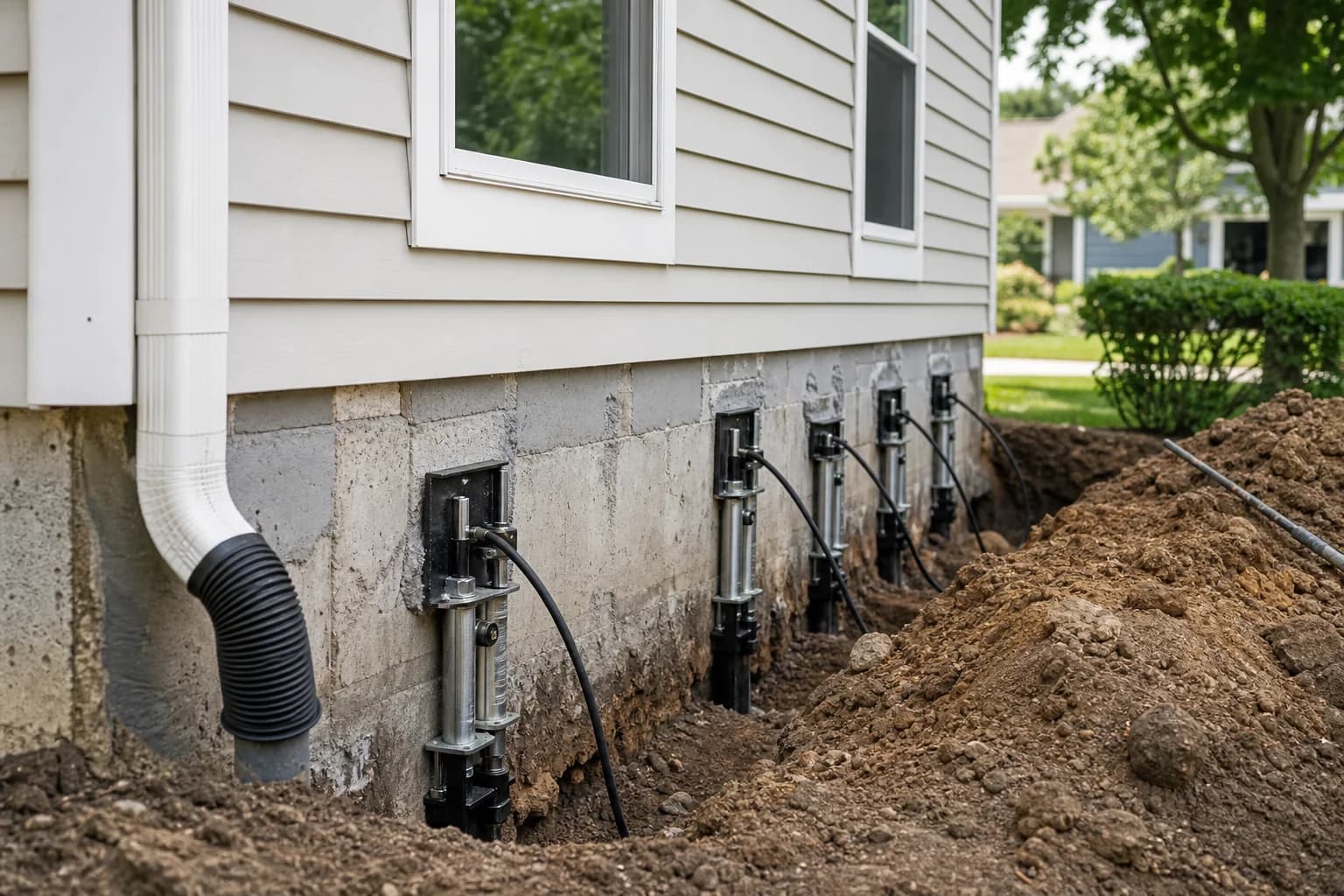 Residential foundation repair with hydraulic push pier equipment installed along concrete footing