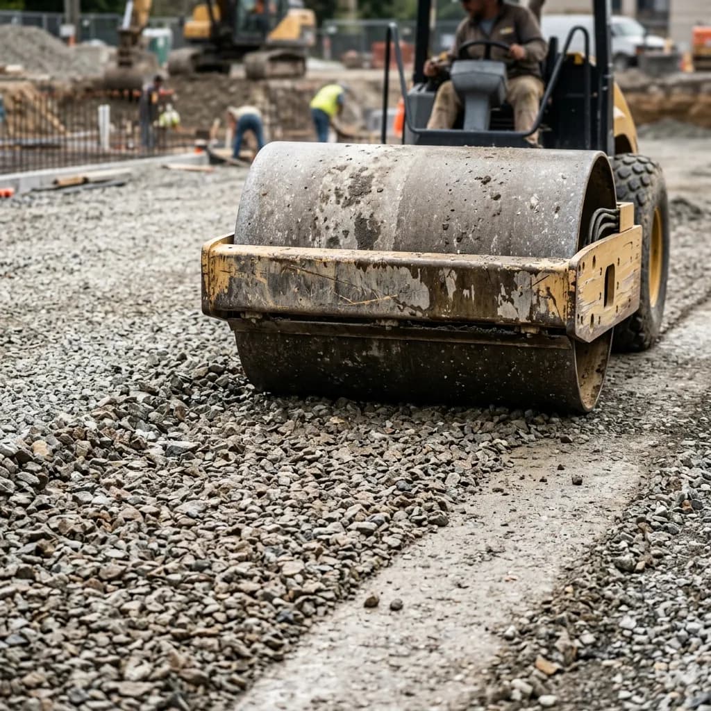 A close up shot of construction gravel being compacted for a sturdy foundation sub-base