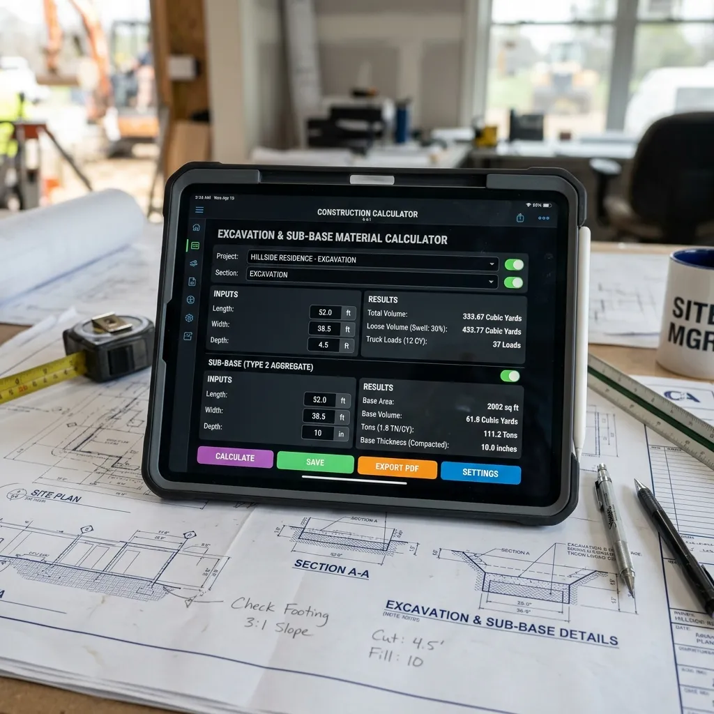 A modern digital tablet displaying a construction calculator app for calculating excavation and sub-base materials