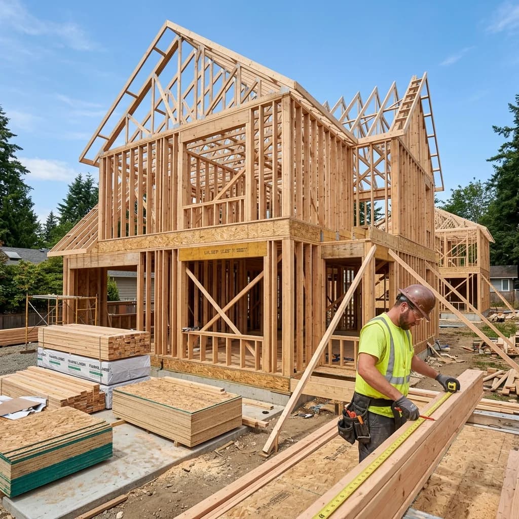 Residential house under construction at the framing stage with exposed lumber studs, roof trusses, and stacks of dimensional lumber on site