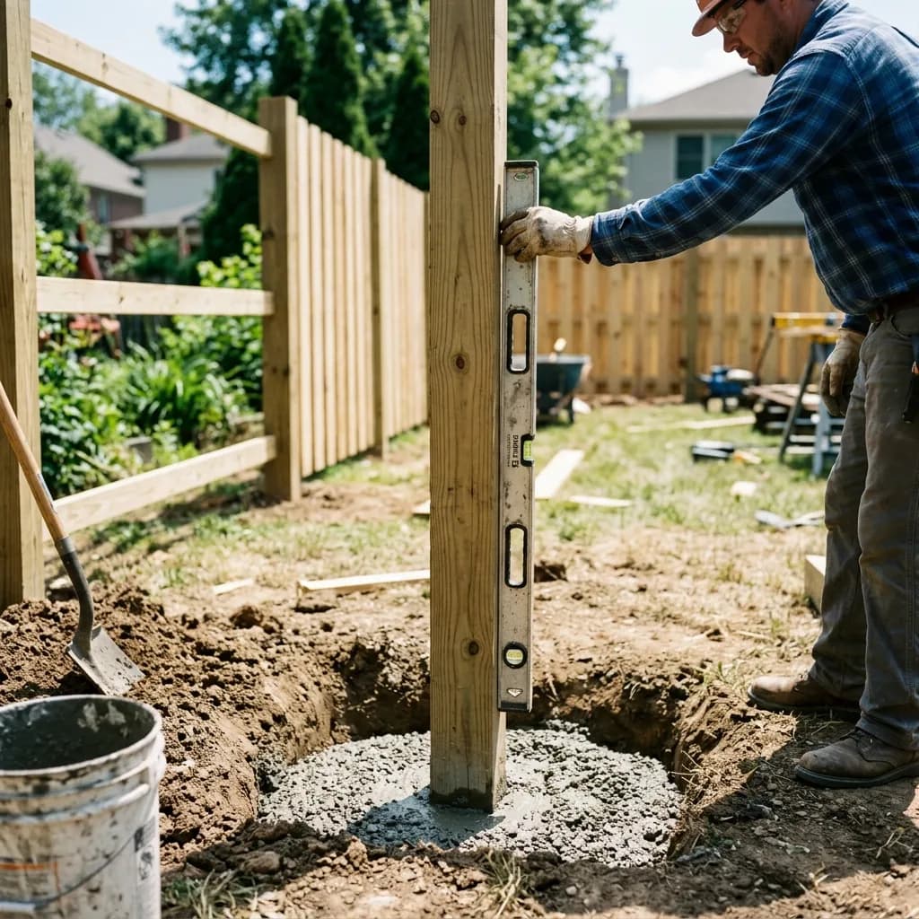 Professional installing a wooden fence post in concrete using a level
