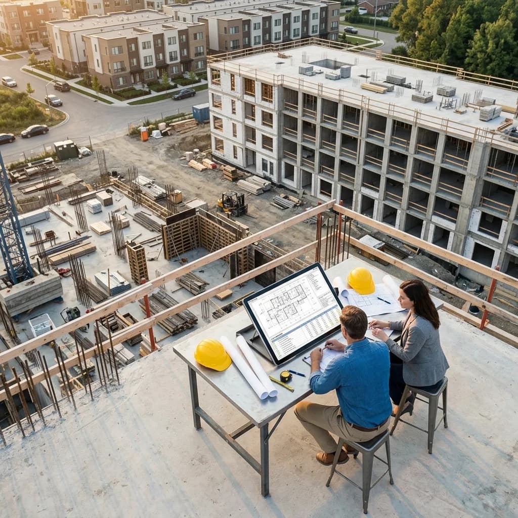 Construction project manager and client reviewing building plans and cost estimates at a modern construction site with a partially built structure in the background