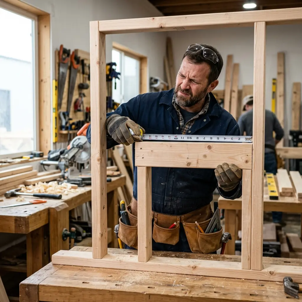 Carpenter measuring a piece of lumber that is too short, illustrating project frustration