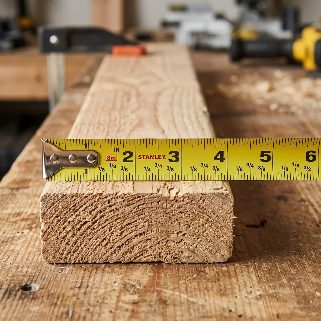 A tape measure showing the actual width of a 2x4 lumber piece