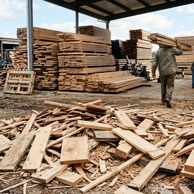 Stacks of lumber and the inevitable pile of offcut waste