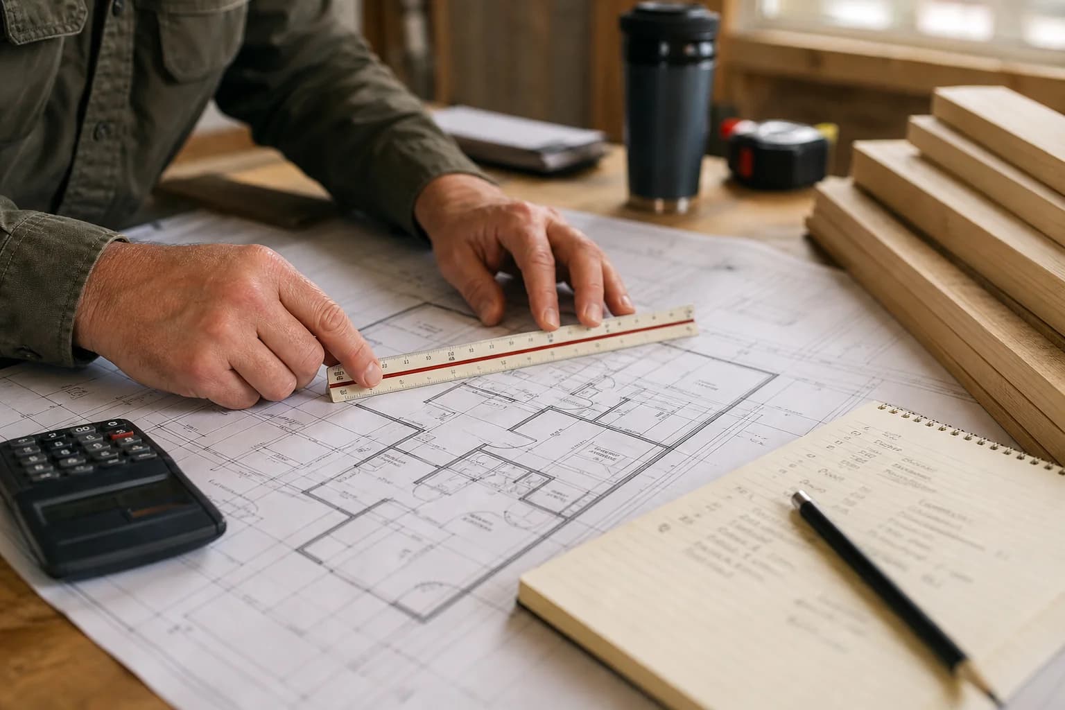Hands measuring a residential floor plan blueprint with a scale ruler for a framing lumber takeoff