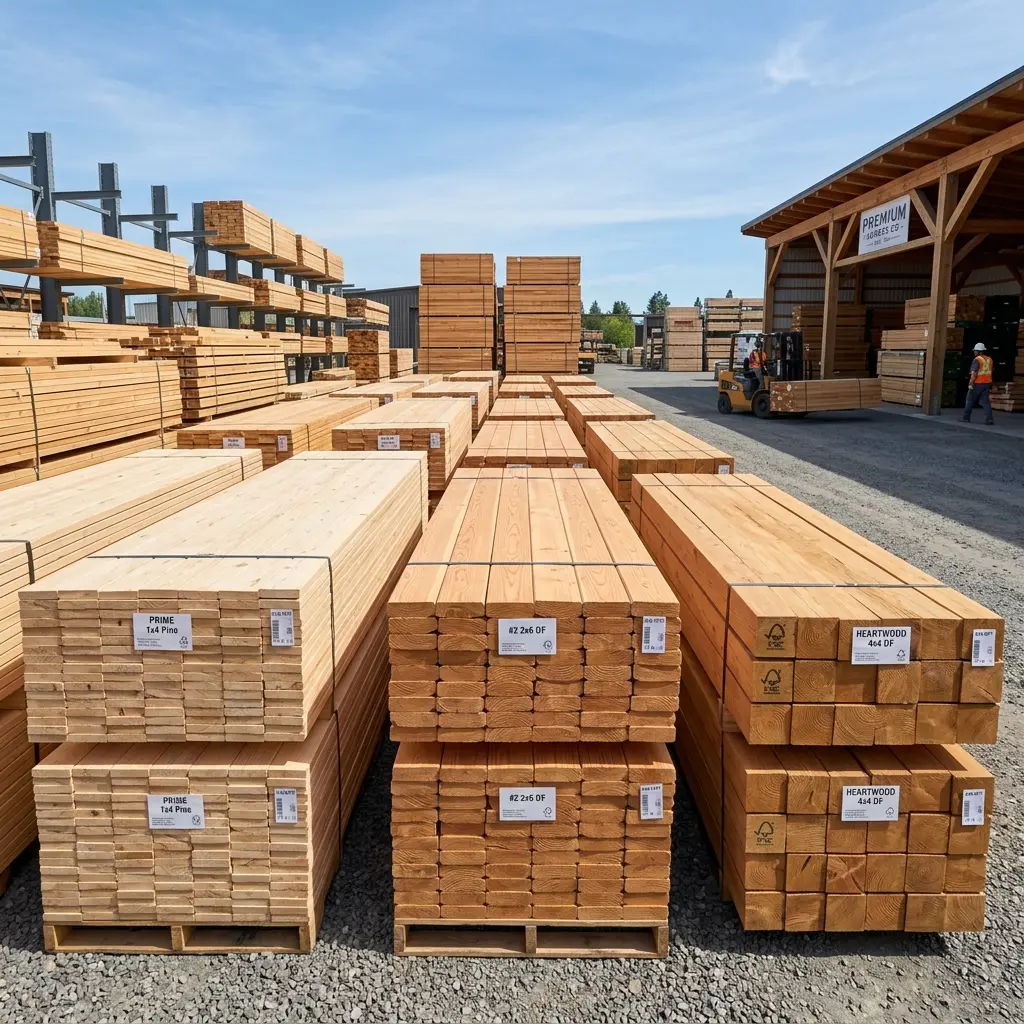 Various sizes of lumber stacked in a lumber yard