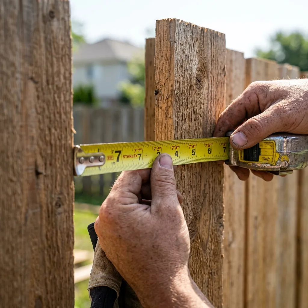 Close-up of contractor hands using a tape measure on wooden fence posts
