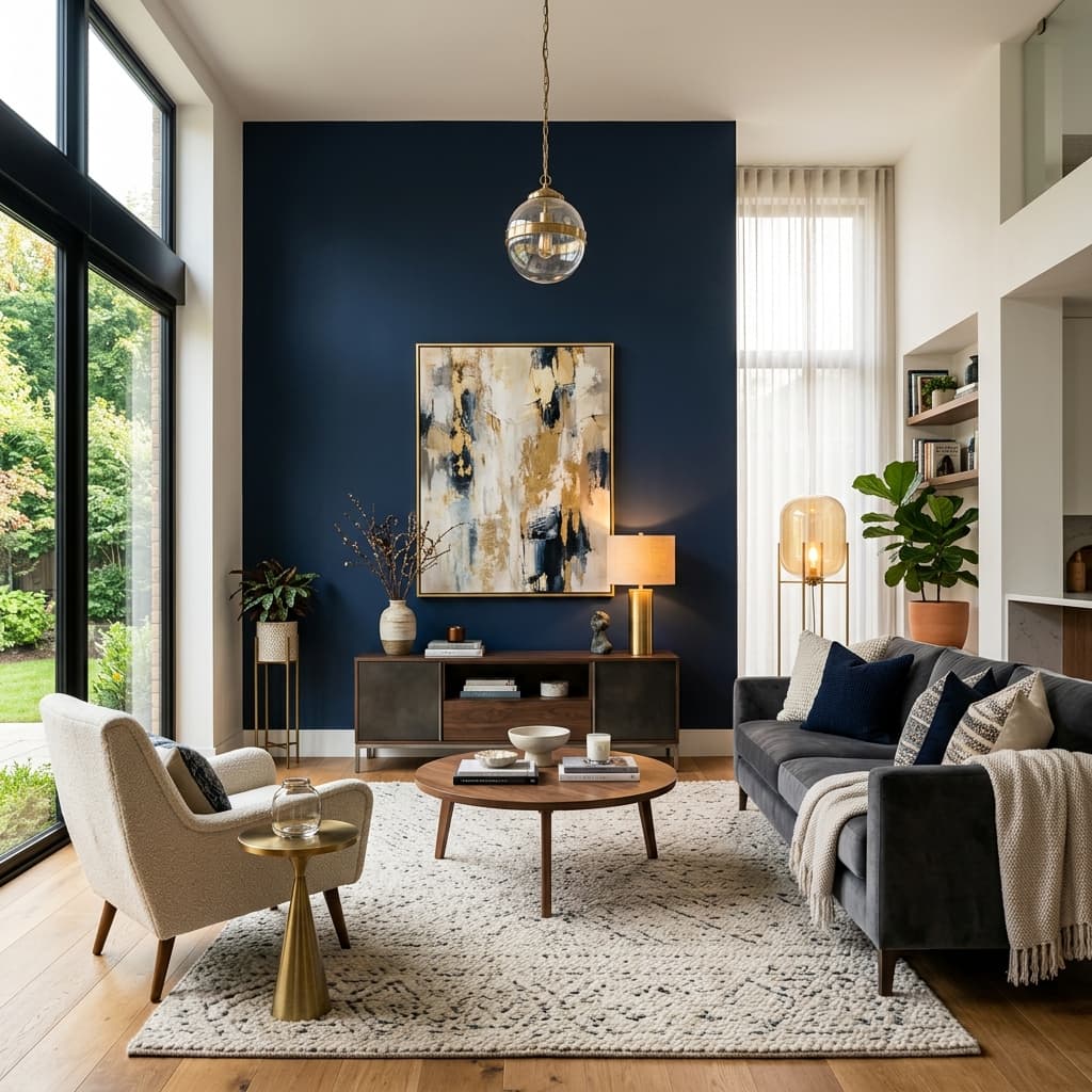 A beautifully finished living room with a navy blue accent wall