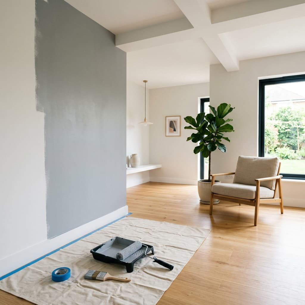 Selection of interior paint color swatch cards sitting on architect blueprints with a calculator