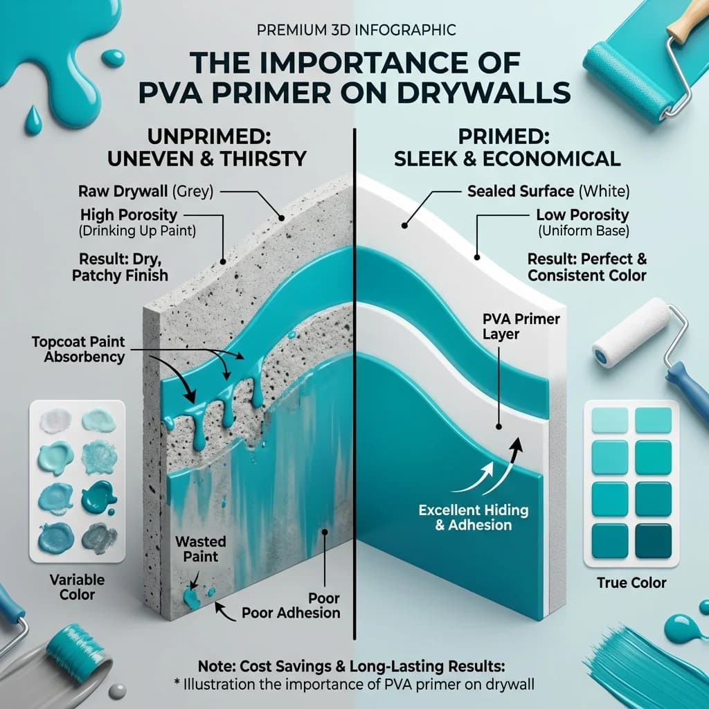 Drywall PVA primer comparison infographic showing unprimed vs primed paint absorption and coverage rates