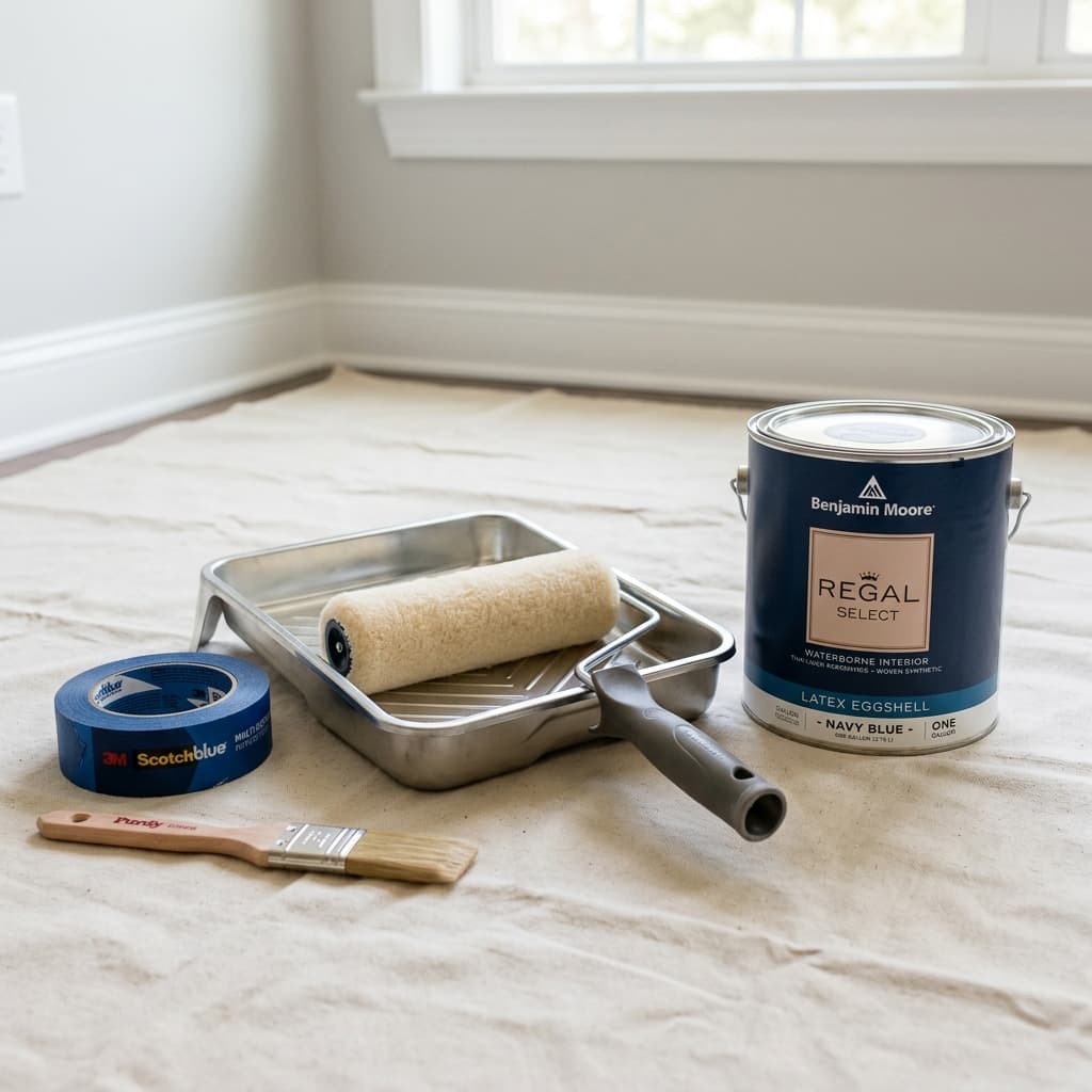 Comprehensive collection of painter tools including metal trays, rollers, brushes, blue tape, and paint cans