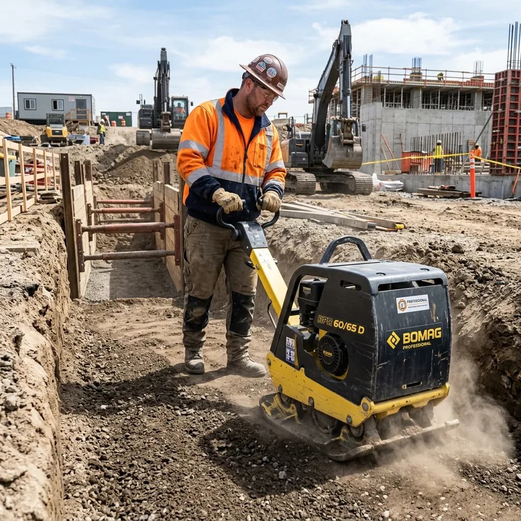 Construction worker using a vibratory plate compactor on a building site