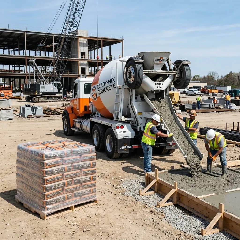 Concrete ready-mix truck next to concrete bags