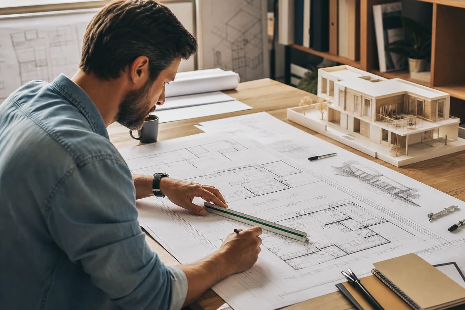 Residential architect reviewing house floor plan blueprints at a design desk