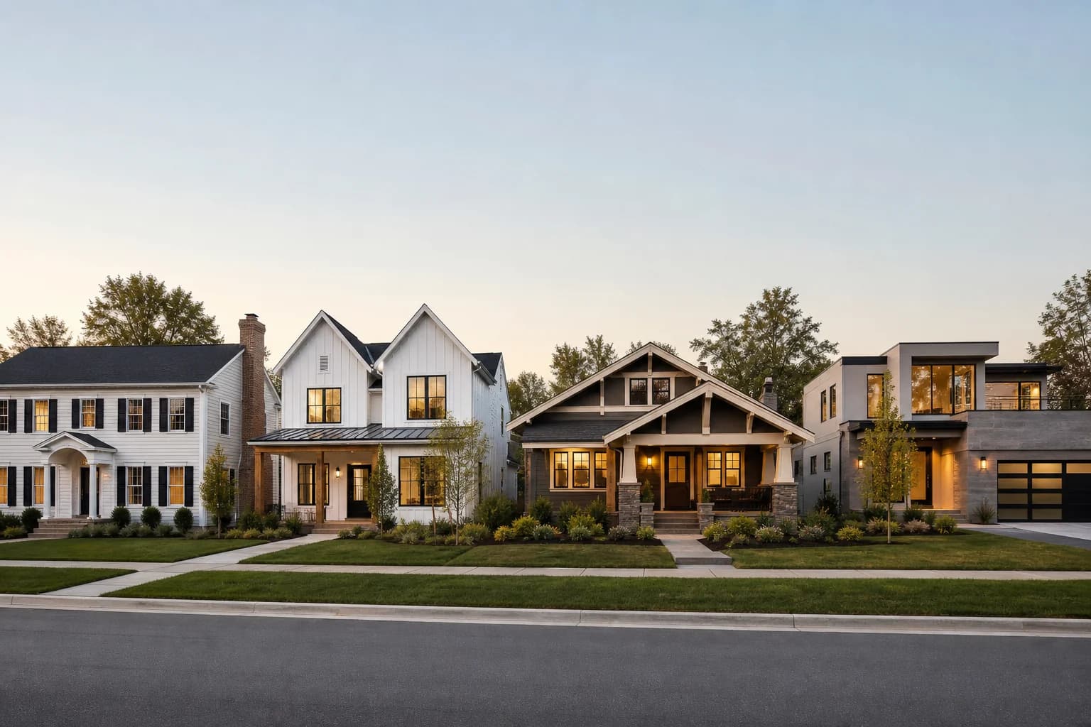 Comparison of common residential architectural styles including colonial, craftsman, farmhouse, and modern homes