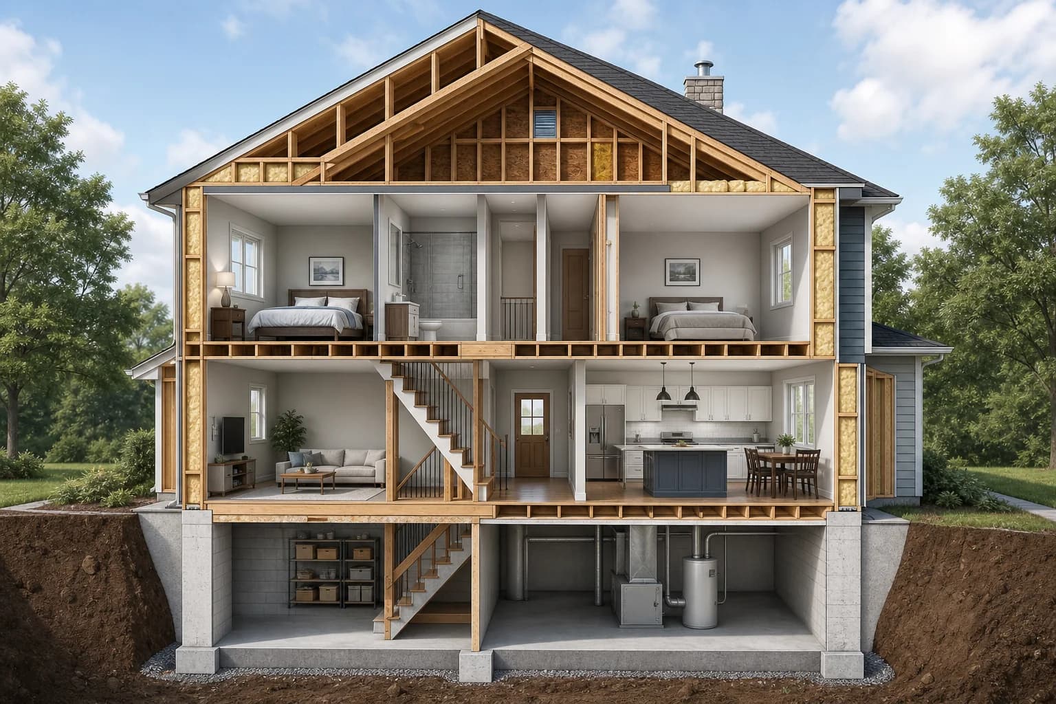 Cross-section illustration of a two-story residential house showing roof, walls, floors, and foundation structure