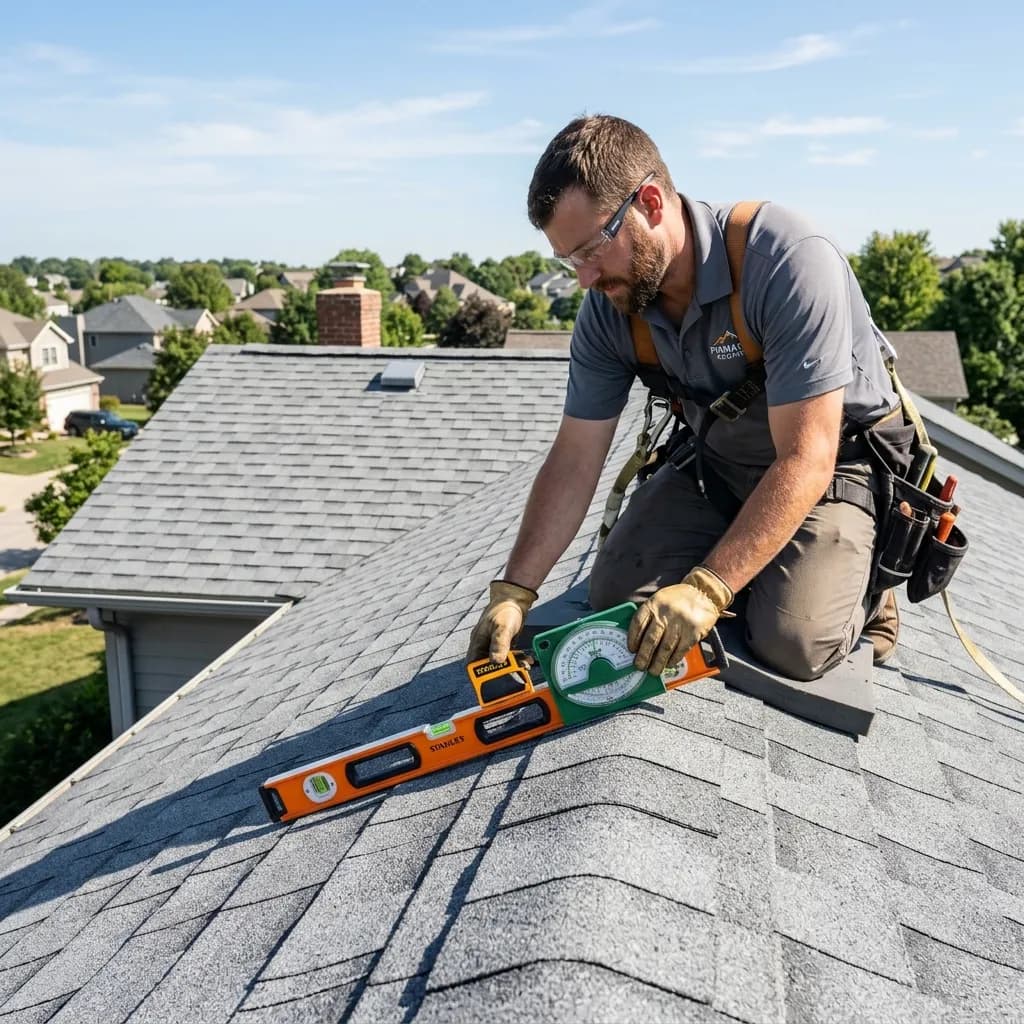 Roofing contractor using a level and pitch finder gauge to measure roof slope