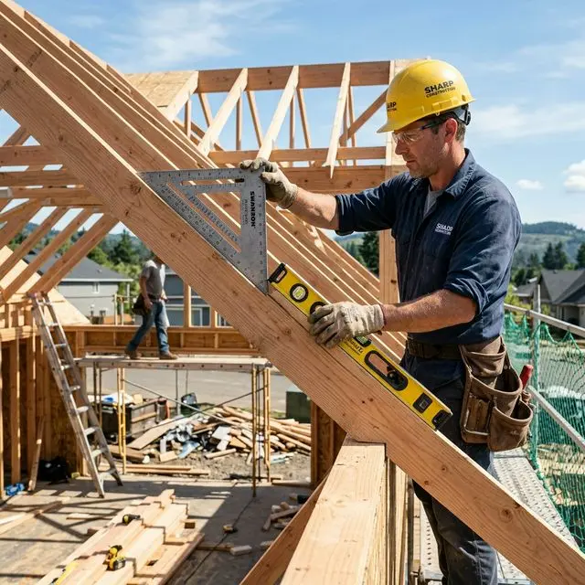 Carpenter on site using a level to measure a roof rafter's pitch