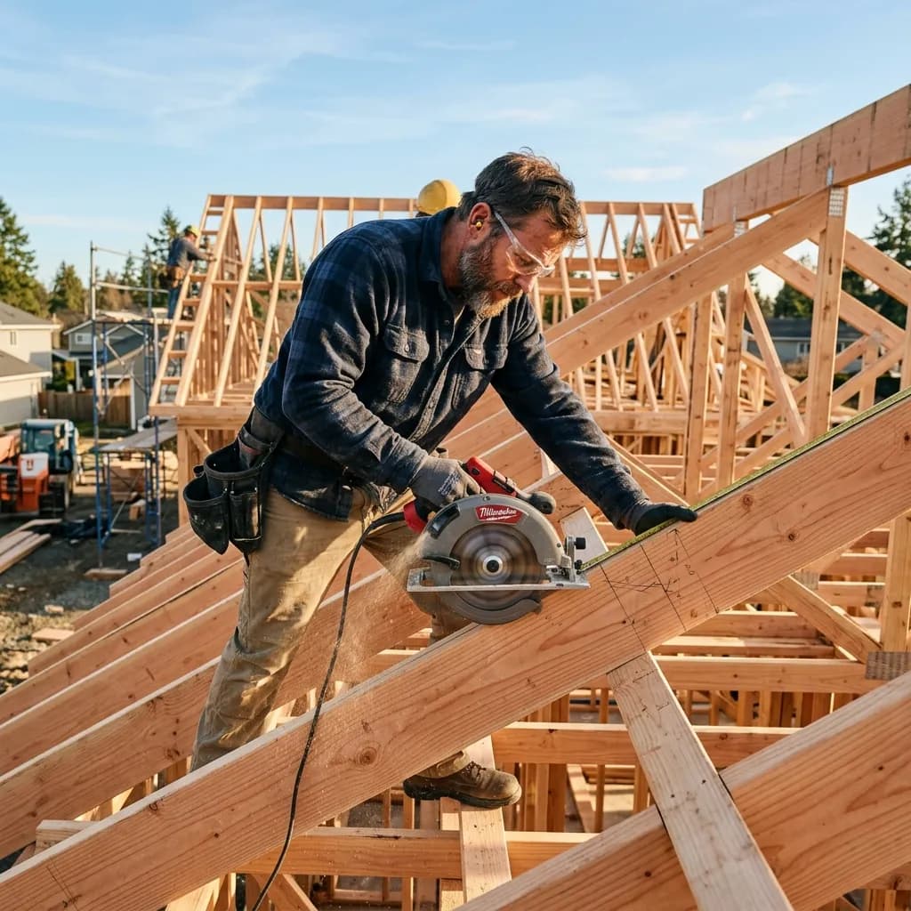 Carpenter measuring and cutting wooden rafters on a roof construction site