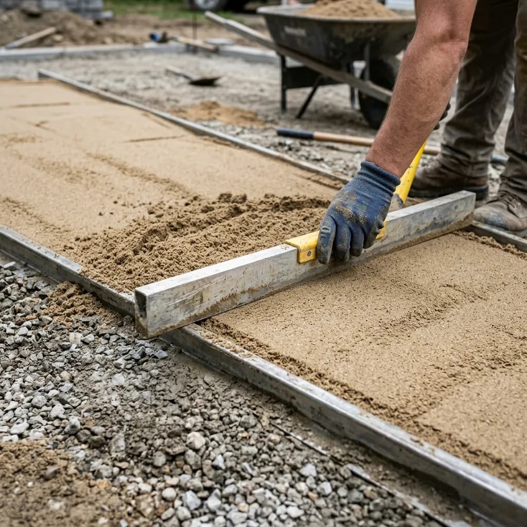 A close up shot of leveling sand being spread evenly over a compacted sub-base