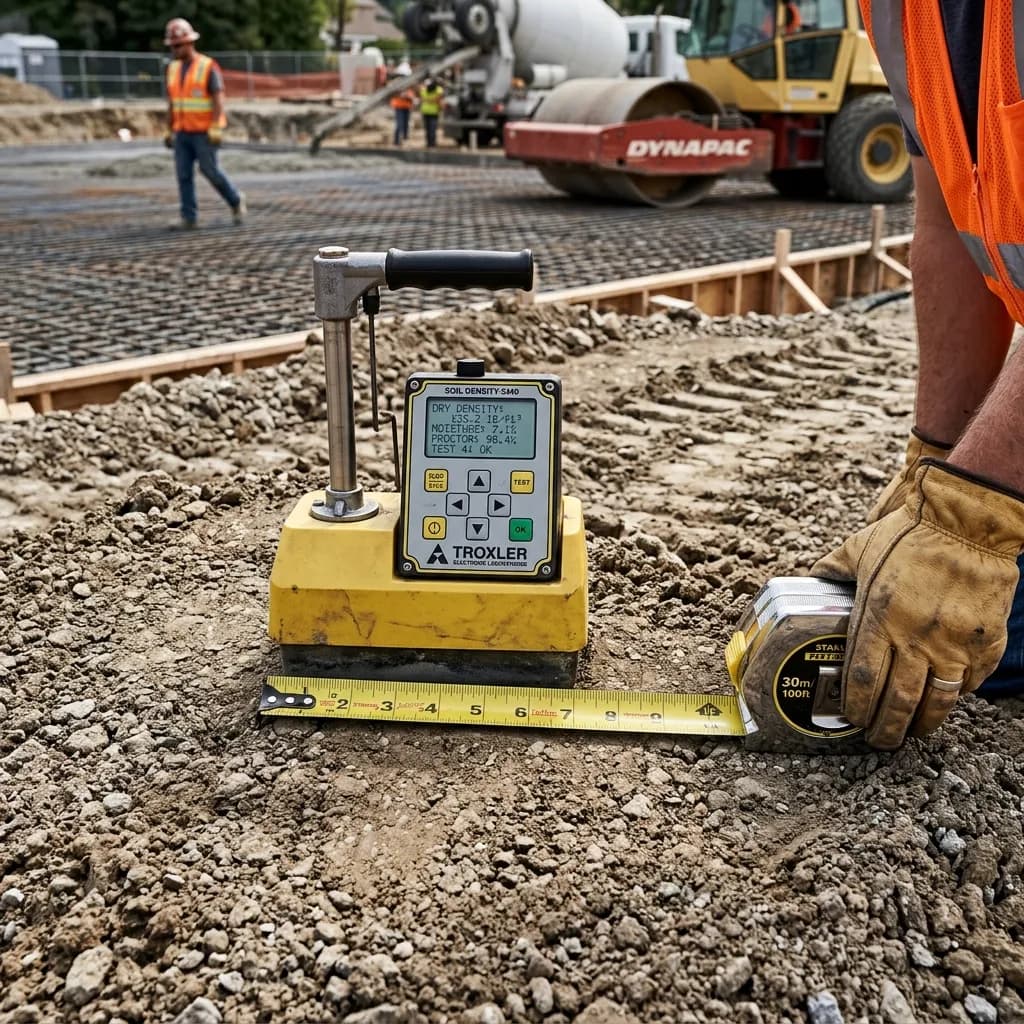 Close-up of a soil density testing gauge and tape measure on compacted earth