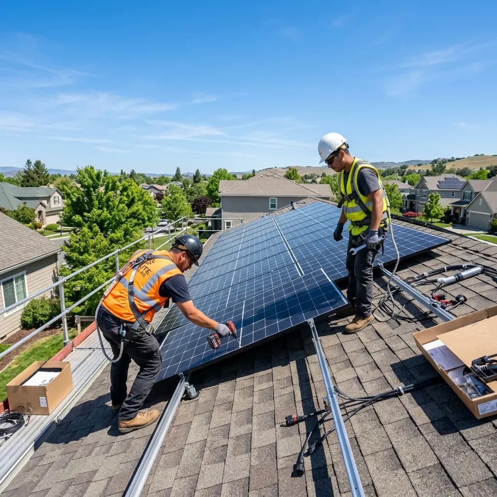 Professional workers installing modern solar panels on a residential roof