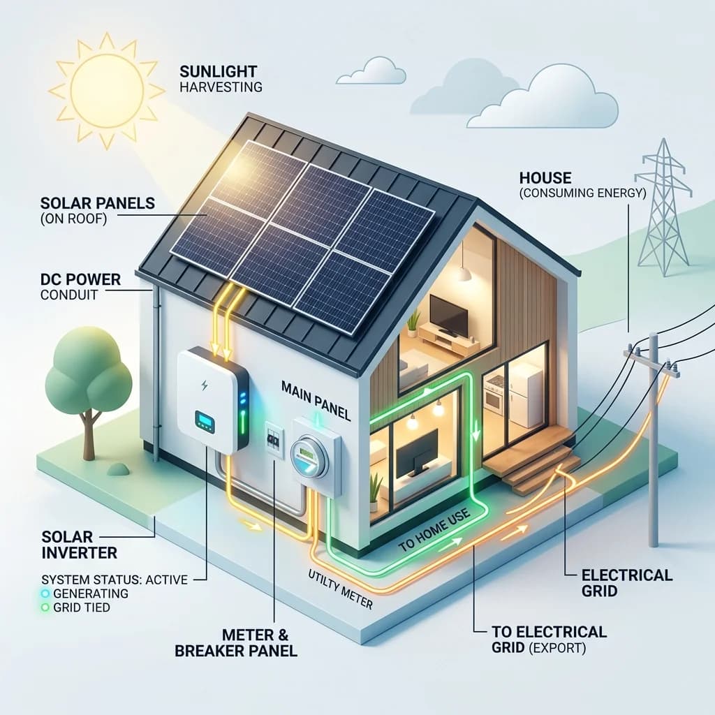 Solar net metering system diagram illustrating solar panels, inverter, meter breaker panel, house consumption, and electric grid feedback