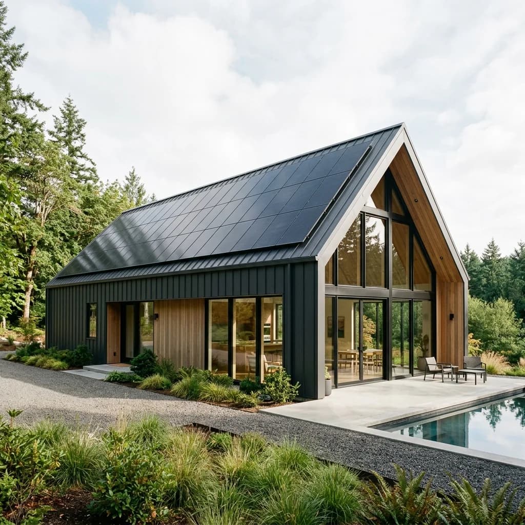 Sleek black monocrystalline solar panels seamlessly integrated on a dark metal house roof