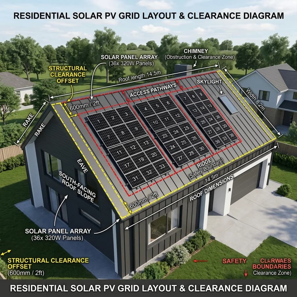 Residential solar PV grid layout showing panel arrays, access pathways, eave and ridge safety clear boundaries