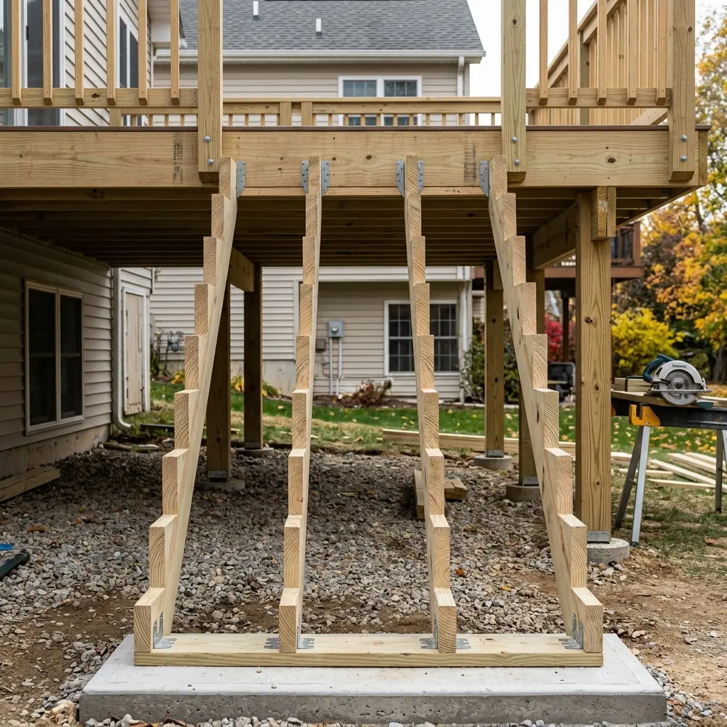 Wooden stair stringers installed on outdoor deck frame framing