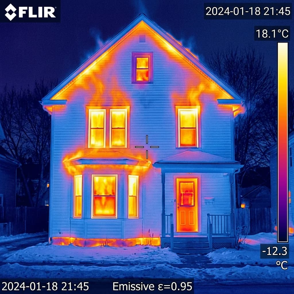 Thermal imaging of a house showing significant heat loss escaping through poorly insulated sections