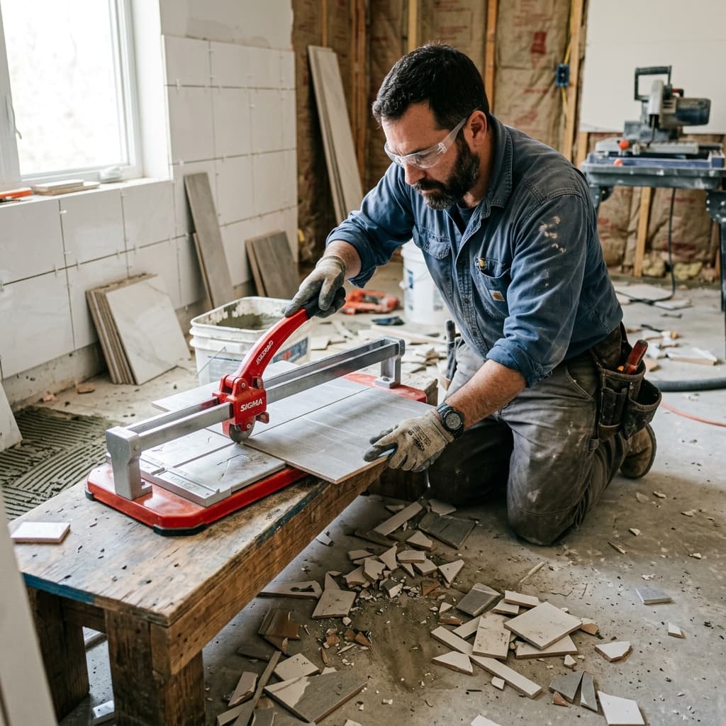 Tile installer cutting ceramic tiles with offcut scraps on the floor